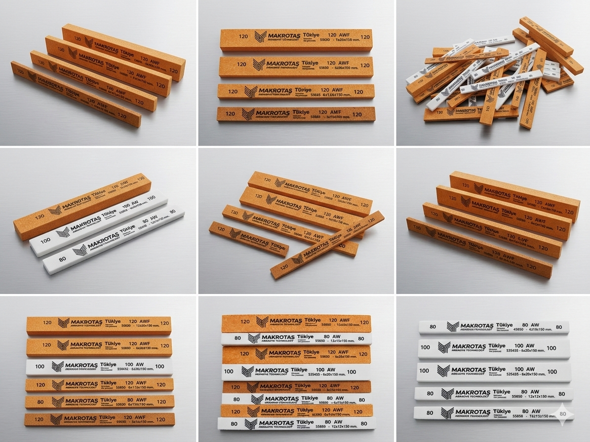 Makrotaş industrial polishing stones for 20 HRC aluminum molds. Available in 80, 100, and 120 grit for precise surface leveling and technical mold preparation. From the official Makrotaş product catalog. Quality is never a coincidence.